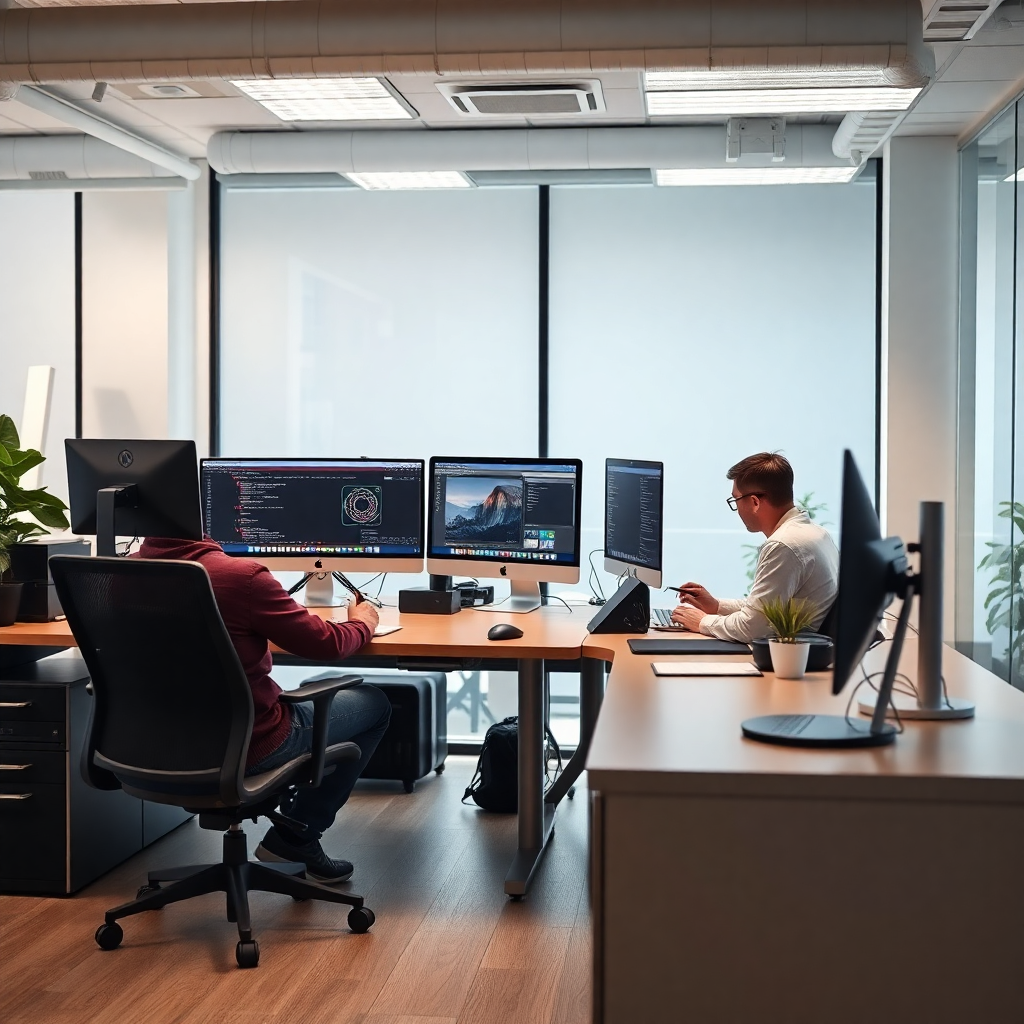 Developers collaborating in a modern office workspace